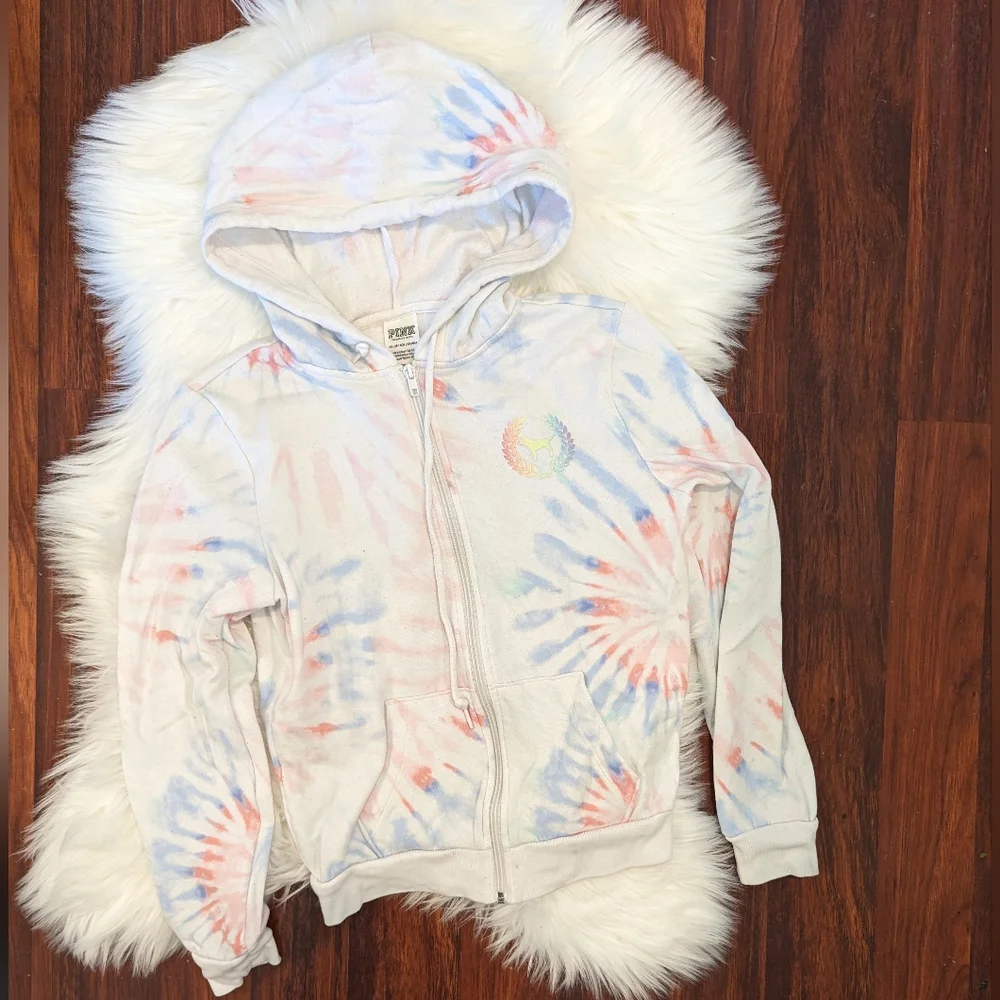 PINK Victoria's Secret Rainbow Glitter Print Tie Dye Hoodie - Picture 2 of 2